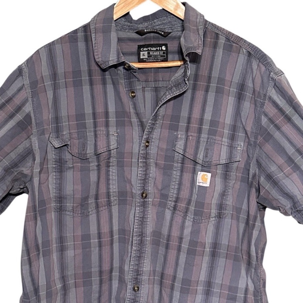 Carhartt Mens XL Tall Gray/Blue Plaid Rugged Flex Button Up Short Sleeve Relaxed